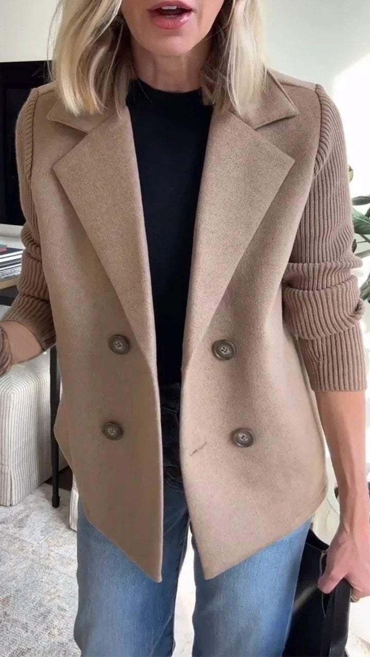 Women's Double Breasted Blazer Knit Sleeves Tailored Fit