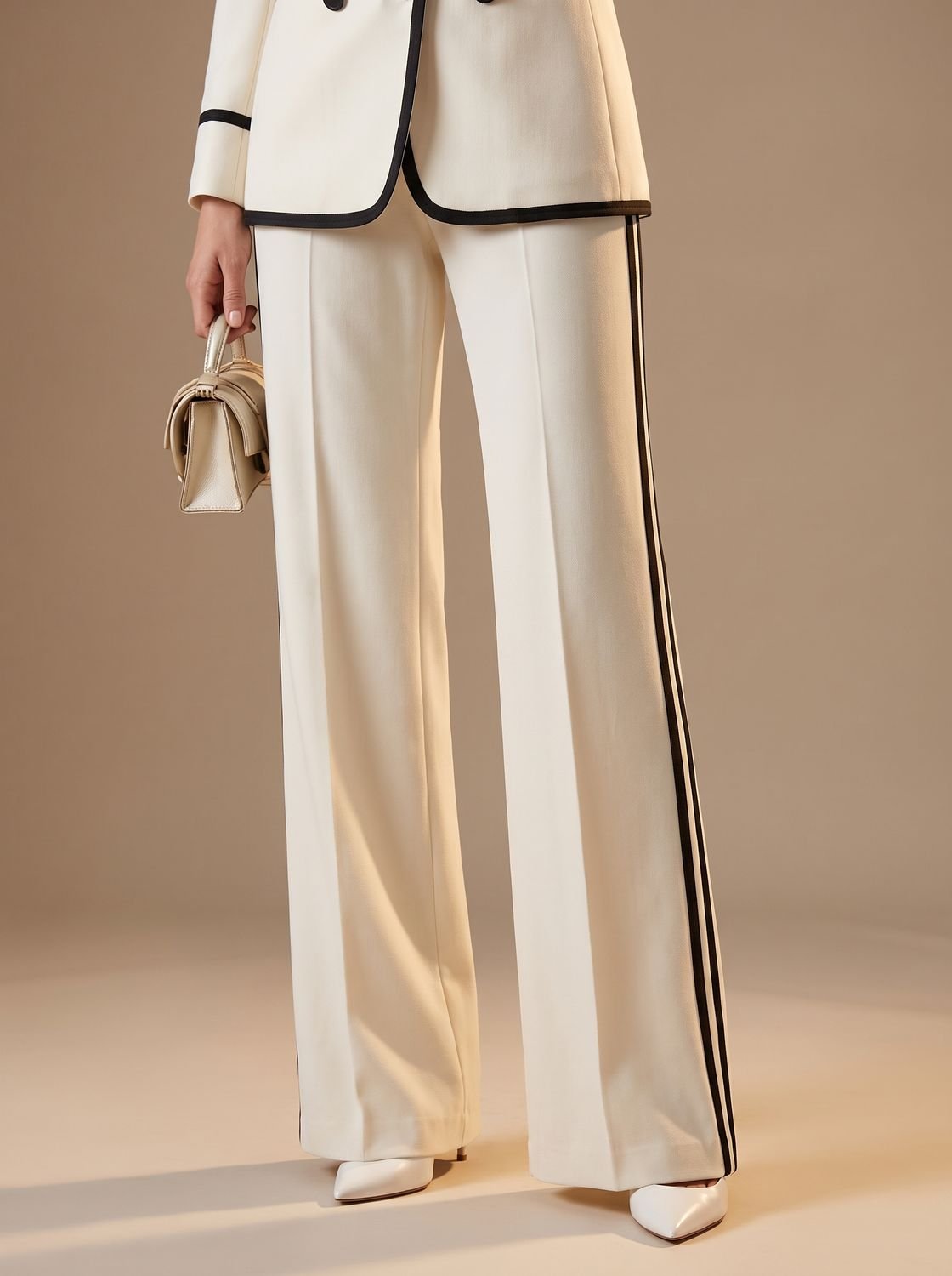 Women's Double-Breasted Contrast-Trim Blazer Wide-Leg Suit Set