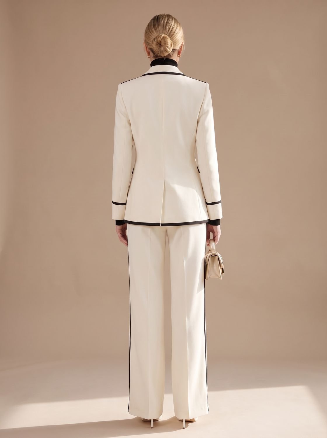 Women's Double-Breasted Contrast-Trim Blazer Wide-Leg Suit Set