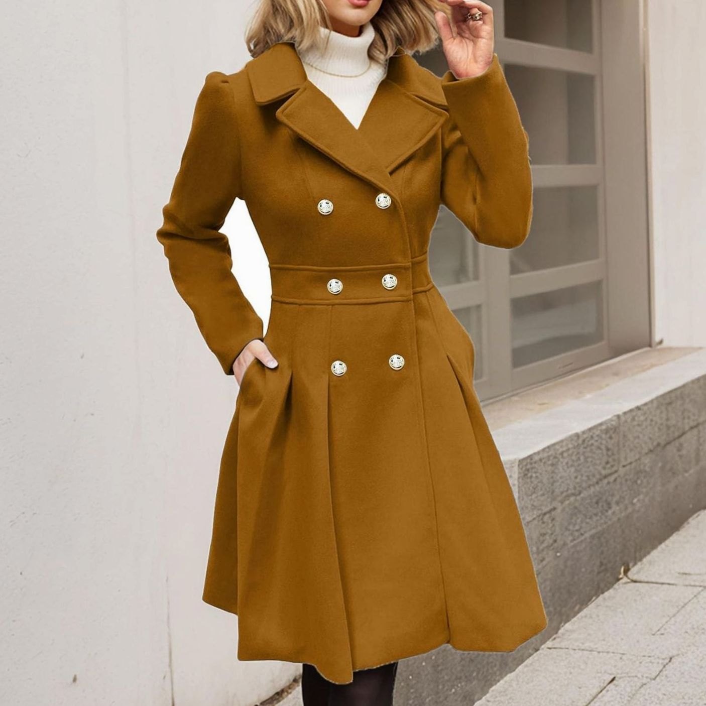 Women's Double-Breasted Fit-and-Flare Longline Wool-Blend Coat