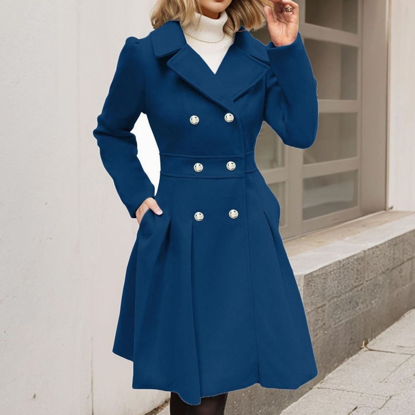 Women's Double-Breasted Fit-and-Flare Longline Wool-Blend Coat