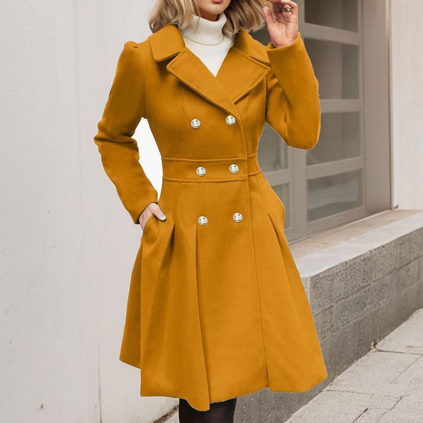 Women's Double-Breasted Fit-and-Flare Longline Wool-Blend Coat