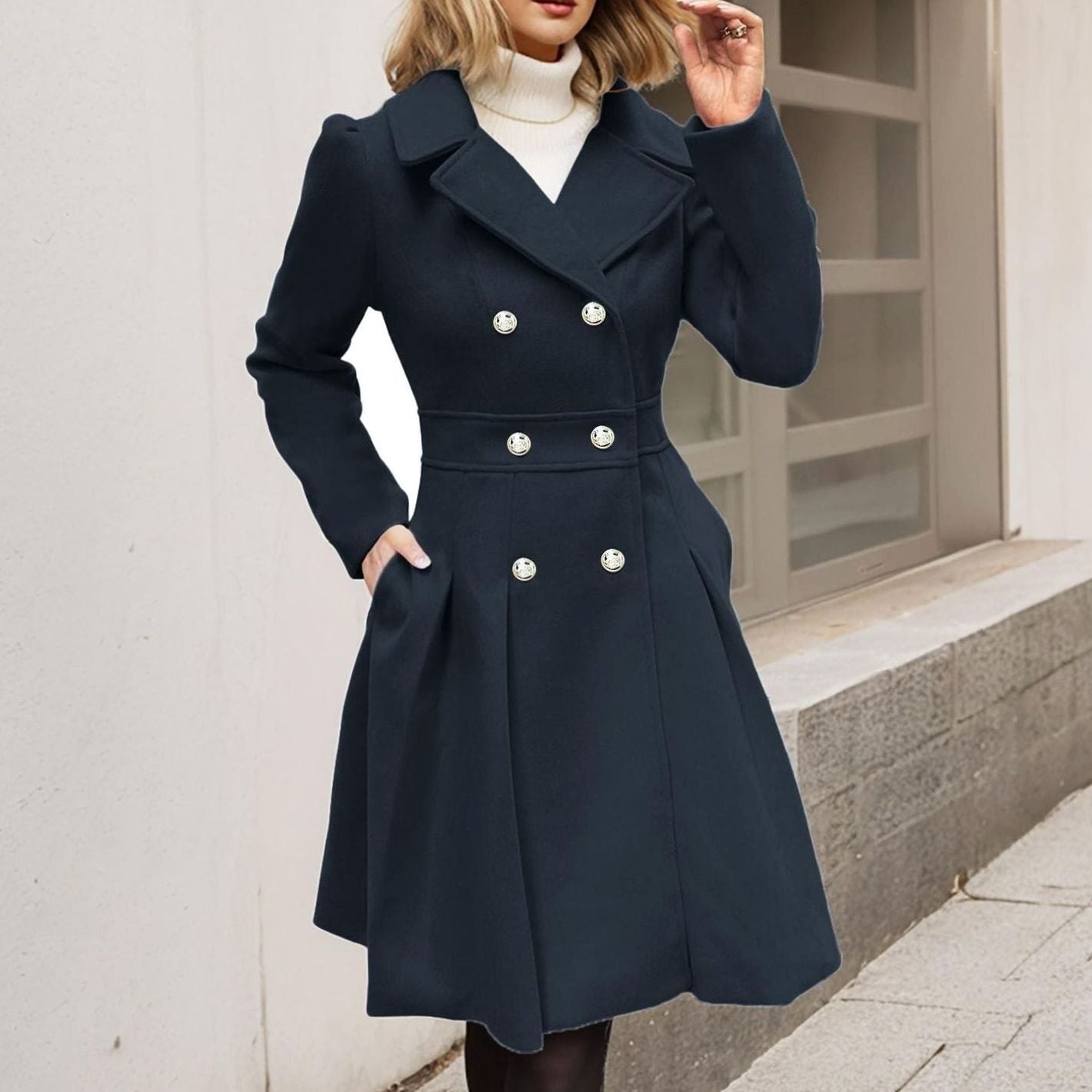 Women's Double-Breasted Fit-and-Flare Longline Wool-Blend Coat - Black