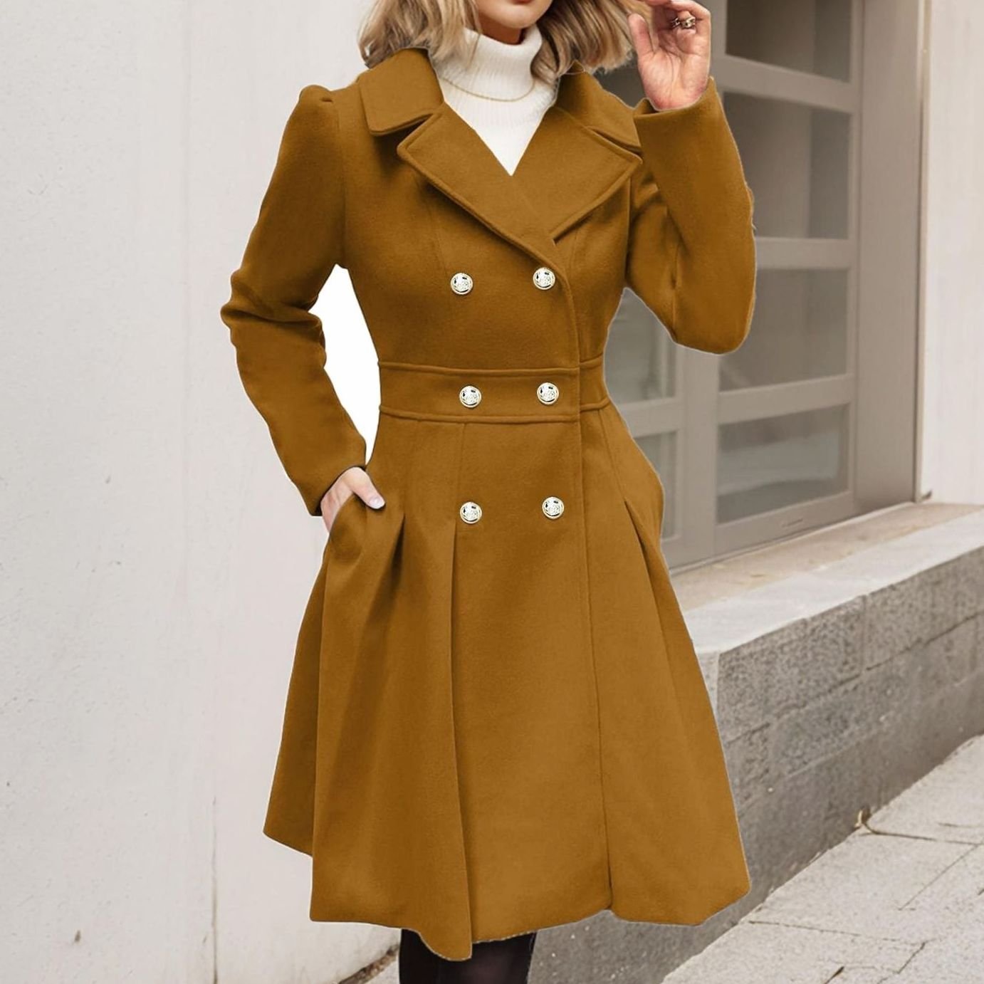 Women's Double-Breasted Fit-and-Flare Longline Wool-Blend Coat - Camel