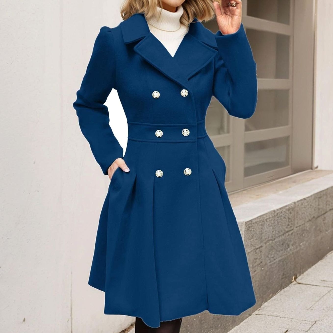 Women's Double-Breasted Fit-and-Flare Longline Wool-Blend Coat - Dark Navy