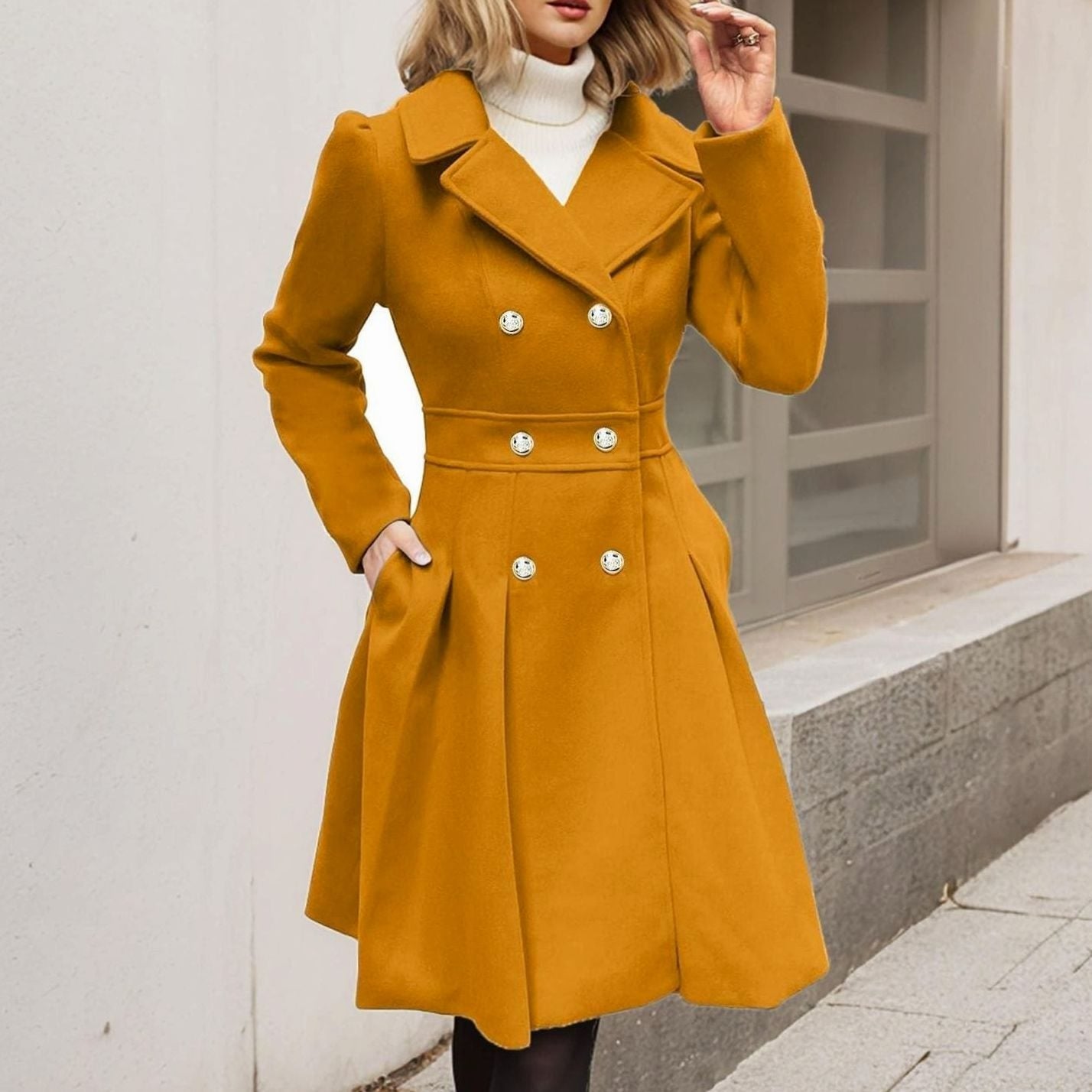 Women's Double-Breasted Fit-and-Flare Longline Wool-Blend Coat - Yellow