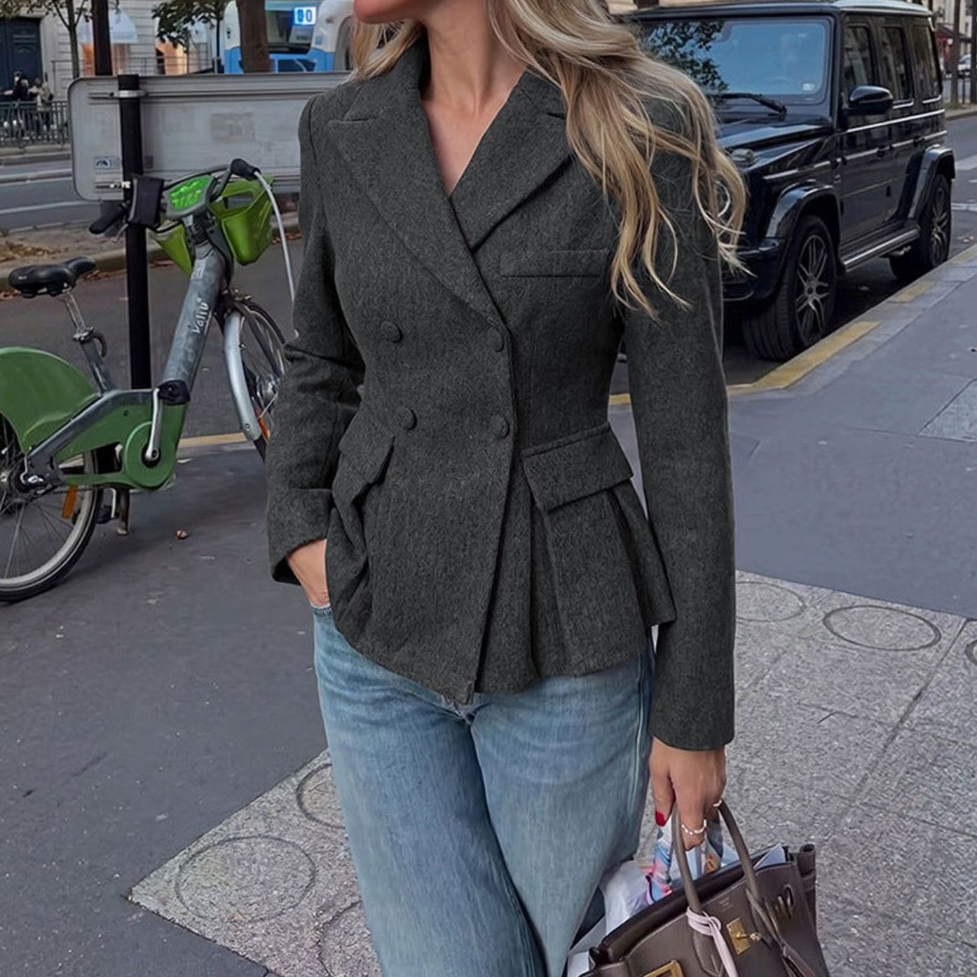 Women's Double-Breasted Peplum Long Sleeve Blazer Jacket