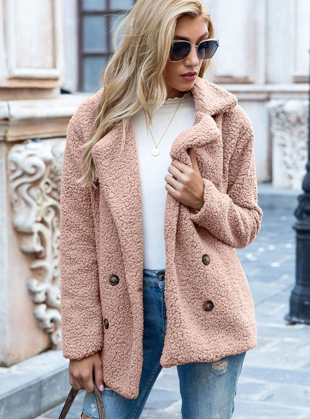 Women's Double-Breasted Teddy Fleece Light Jacket Lapel Coat