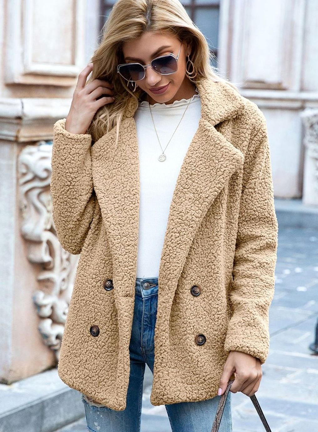 Women's Double-Breasted Teddy Fleece Light Jacket Lapel Coat
