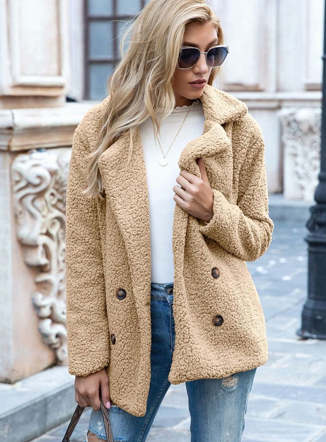 Women's Double-Breasted Teddy Fleece Light Jacket Lapel Coat