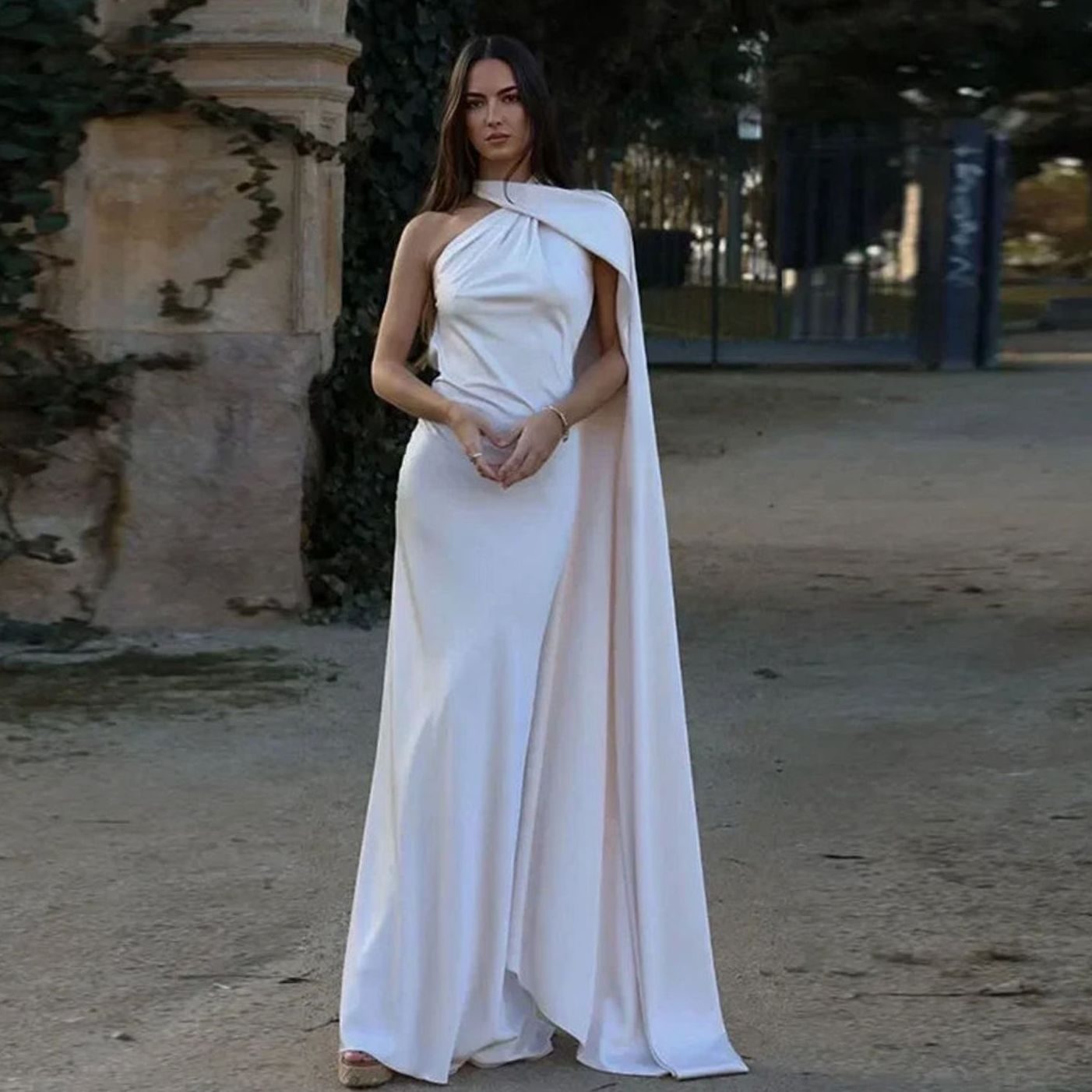Women's Draped One-Shoulder Formal Maxi Dress - White