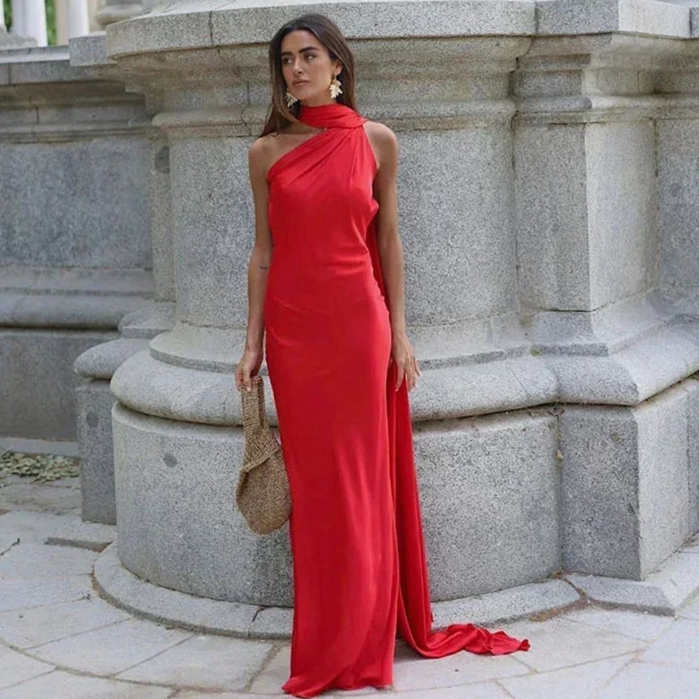 Women's Draped One-Shoulder Formal Maxi Dress - Red