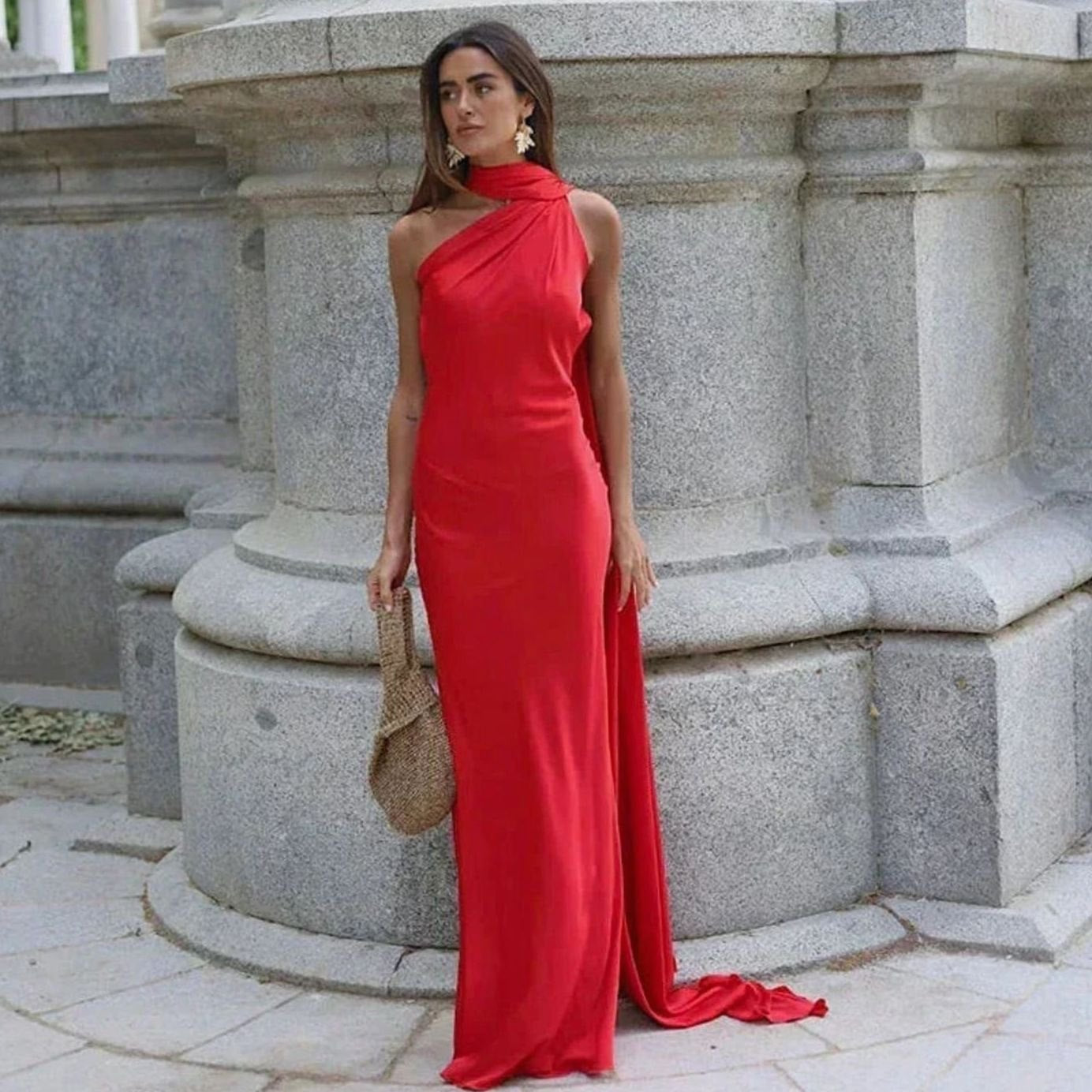 Women's Draped One-Shoulder Formal Maxi Dress - Red