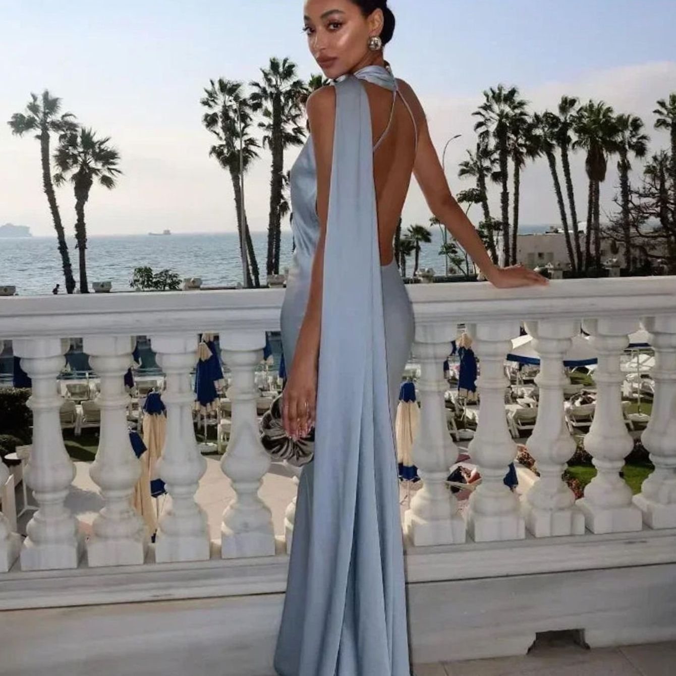 Women's Draped One-Shoulder Formal Maxi Dress - Blue