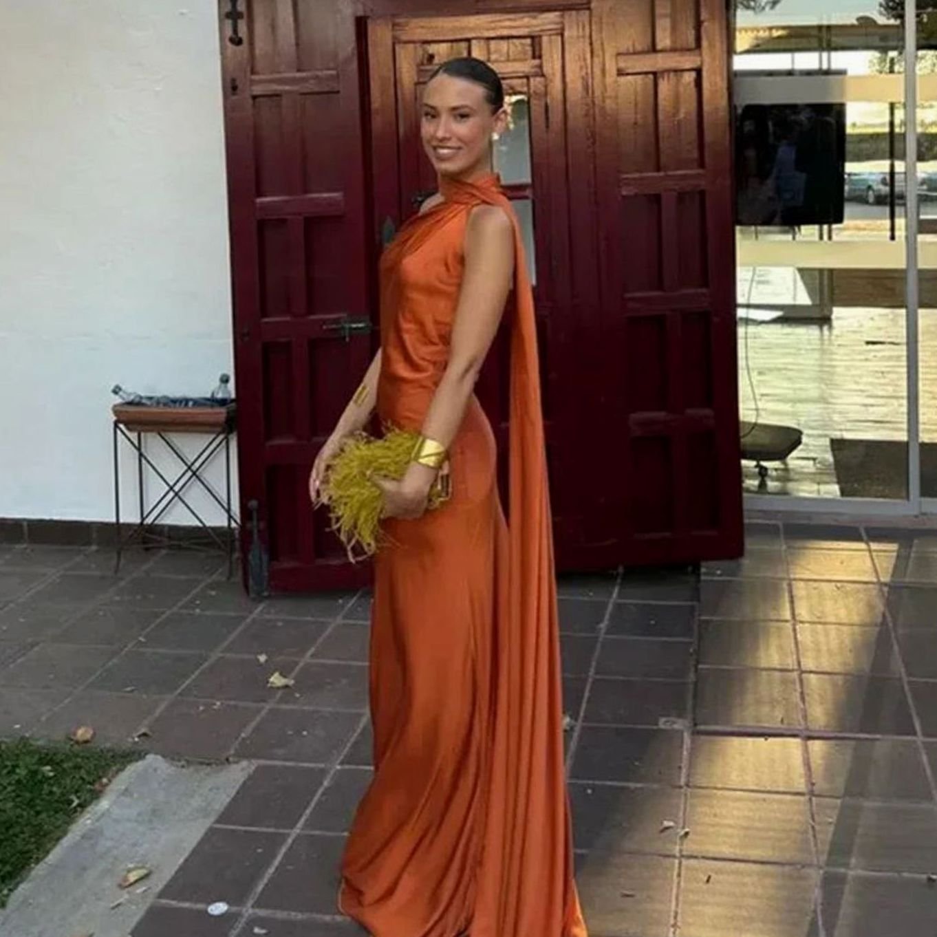 Women's Draped One-Shoulder Formal Maxi Dress - Orange