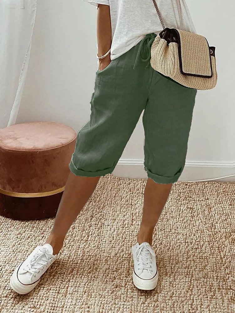 Women's Drawstring Cropped Linen Bermuda Shorts - Army Green