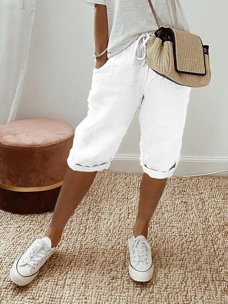 Women's Drawstring Cropped Linen Bermuda Shorts - White