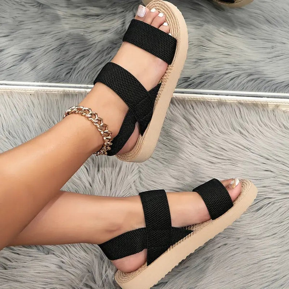 Women's Elastic Strap Platform Comfort Sandals Open Toe - Black