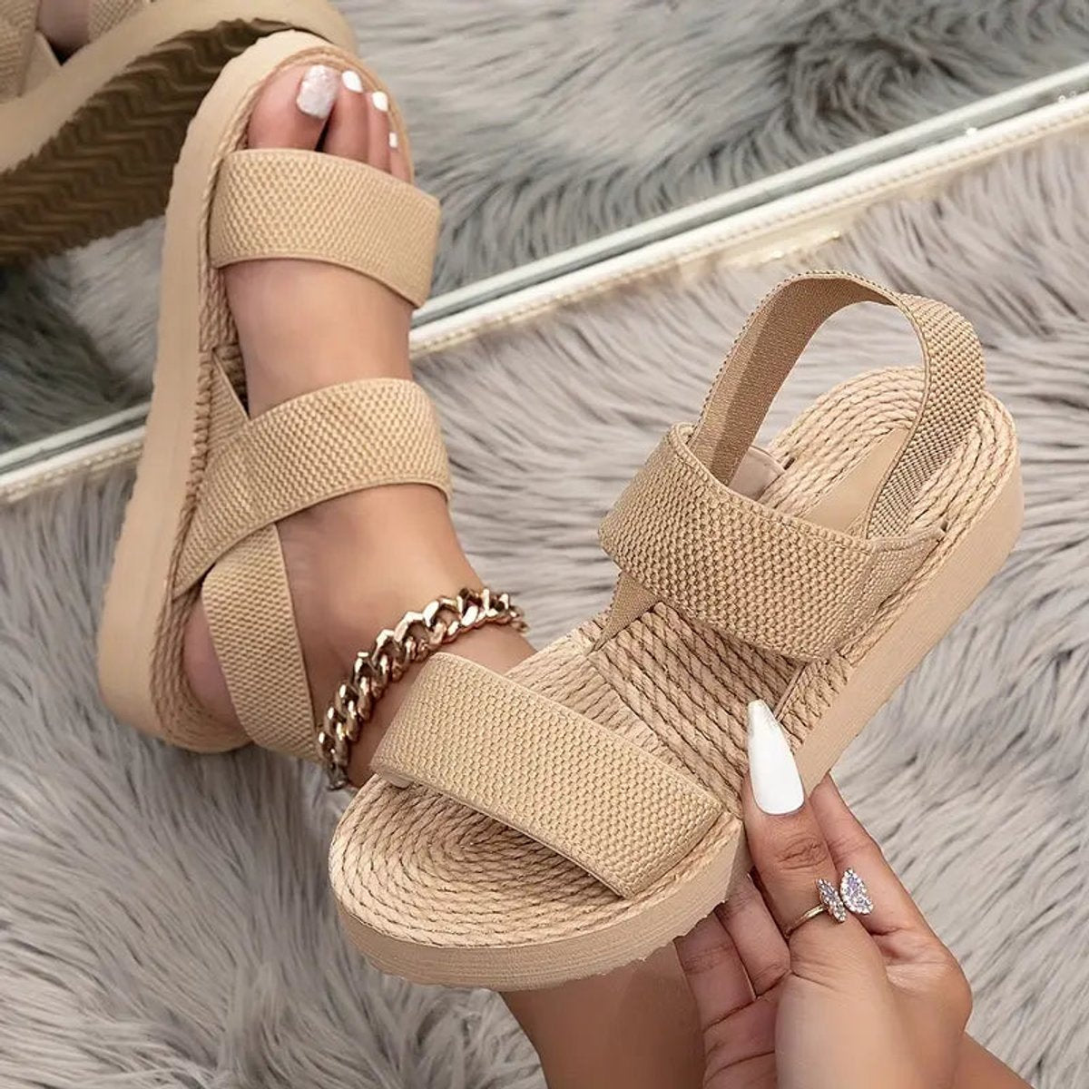 Women's Elastic Strap Platform Comfort Sandals Open Toe - Khaki