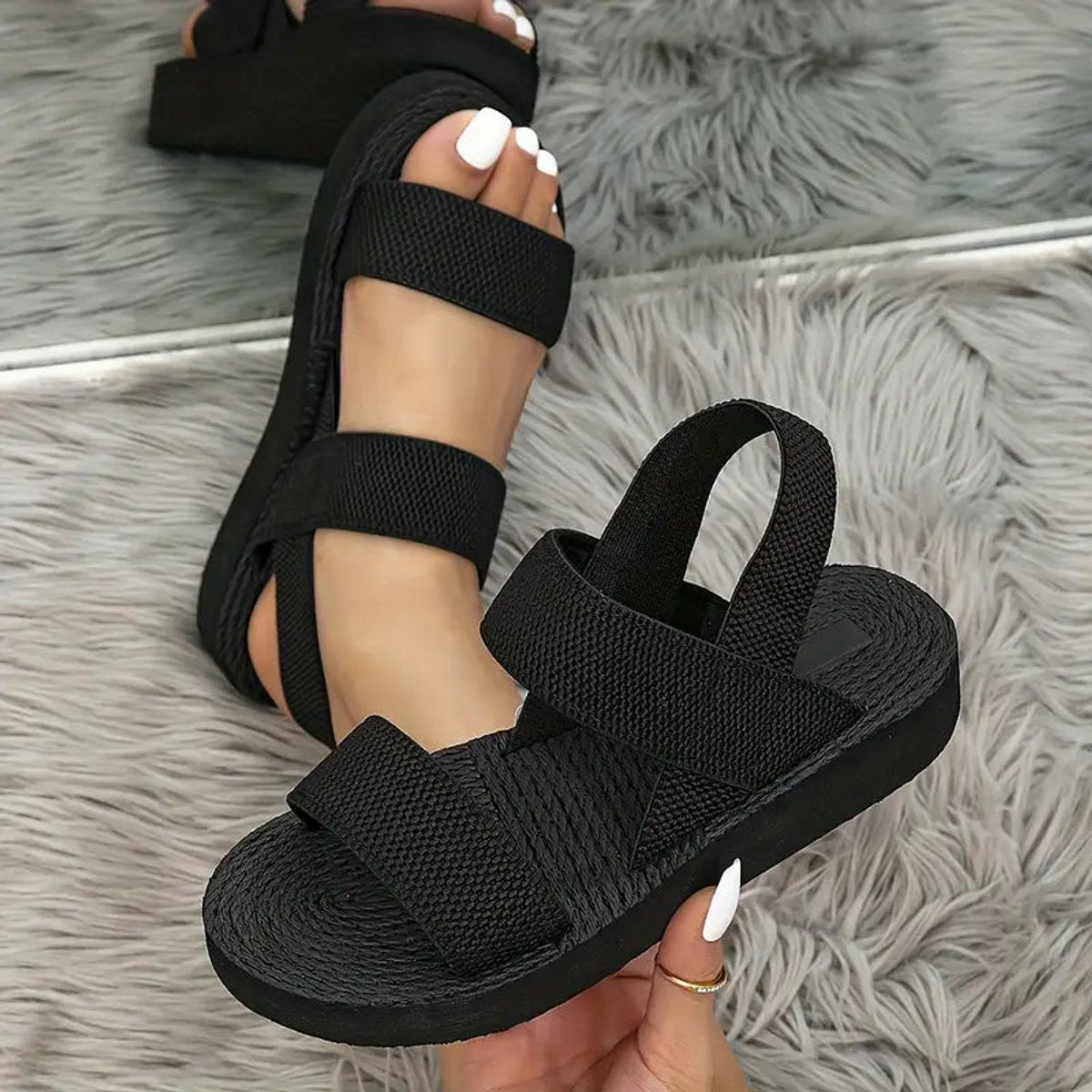 Women's Elastic Strap Platform Comfort Sandals Open Toe - Black 2