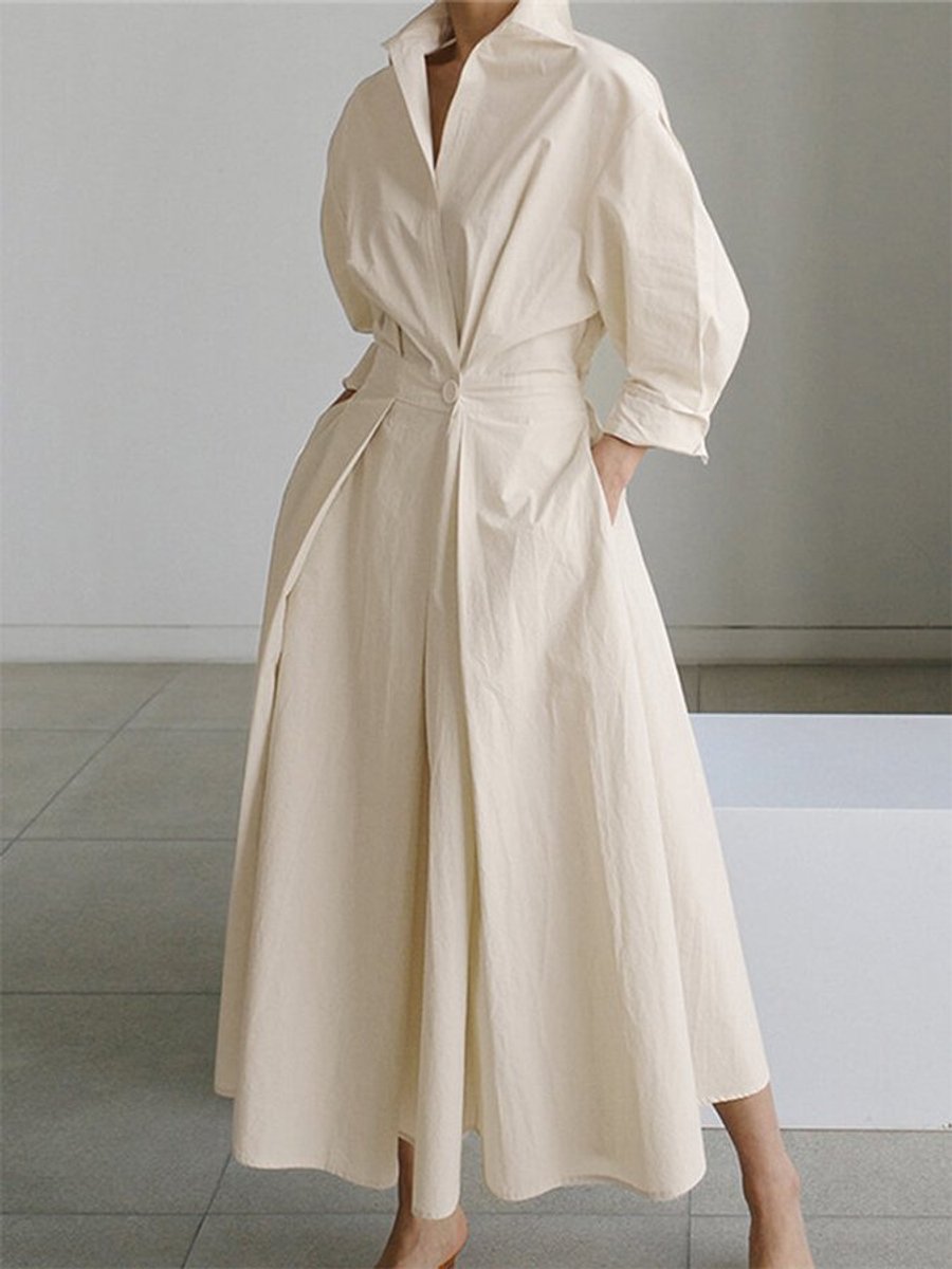 Women's Elegant A-Line Long-Sleeve Button-Front Maxi Dress - Beige