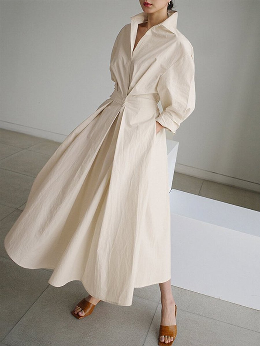 Women's Elegant A-Line Long-Sleeve Button-Front Maxi Dress