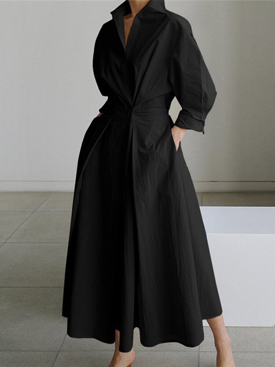 Women's Elegant A-Line Long-Sleeve Button-Front Maxi Dress - Black