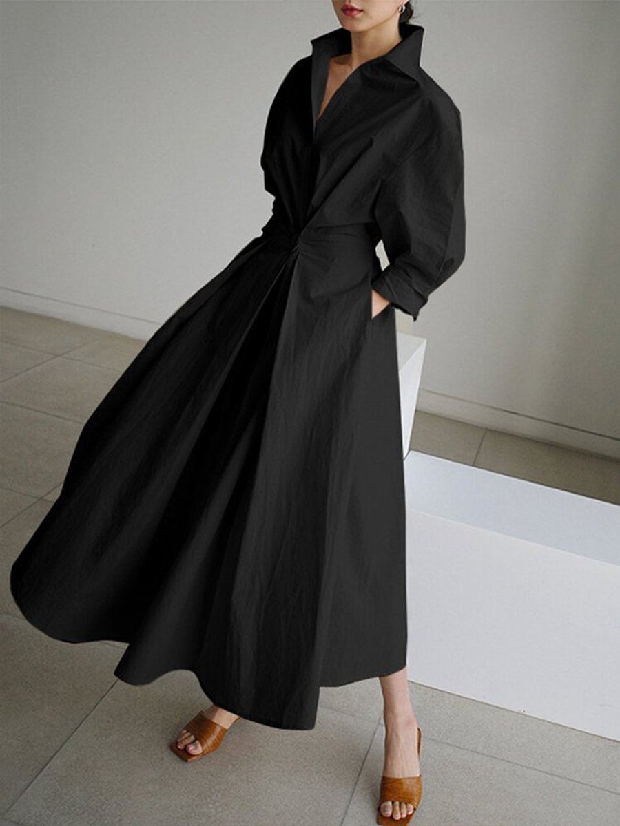 Women's Elegant A-Line Long-Sleeve Button-Front Maxi Dress