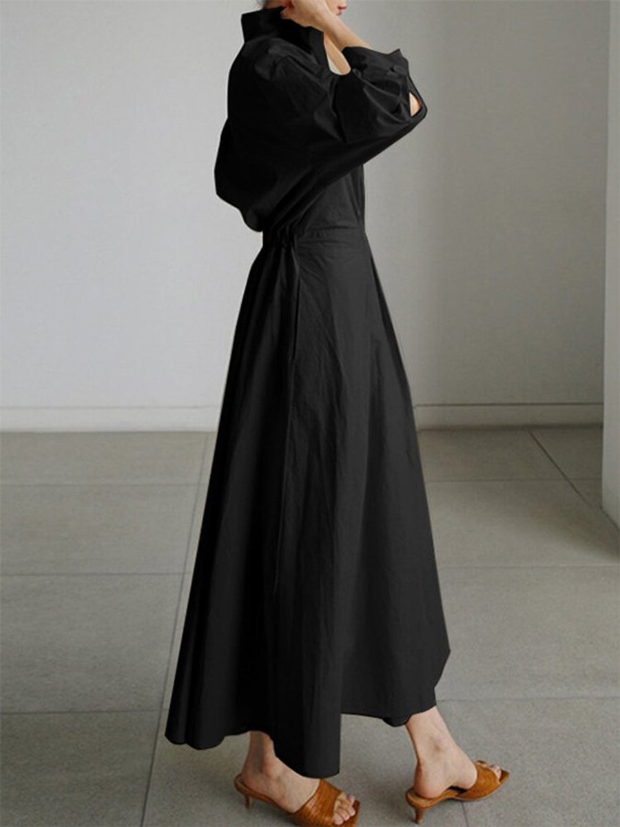 Women's Elegant A-Line Long-Sleeve Button-Front Maxi Dress