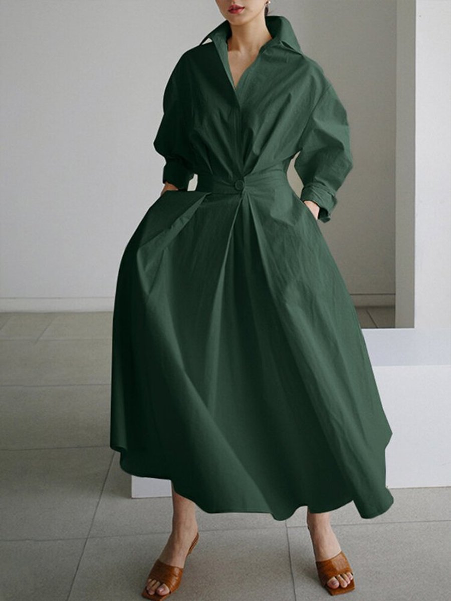 Women's Elegant A-Line Long-Sleeve Button-Front Maxi Dress - Army green