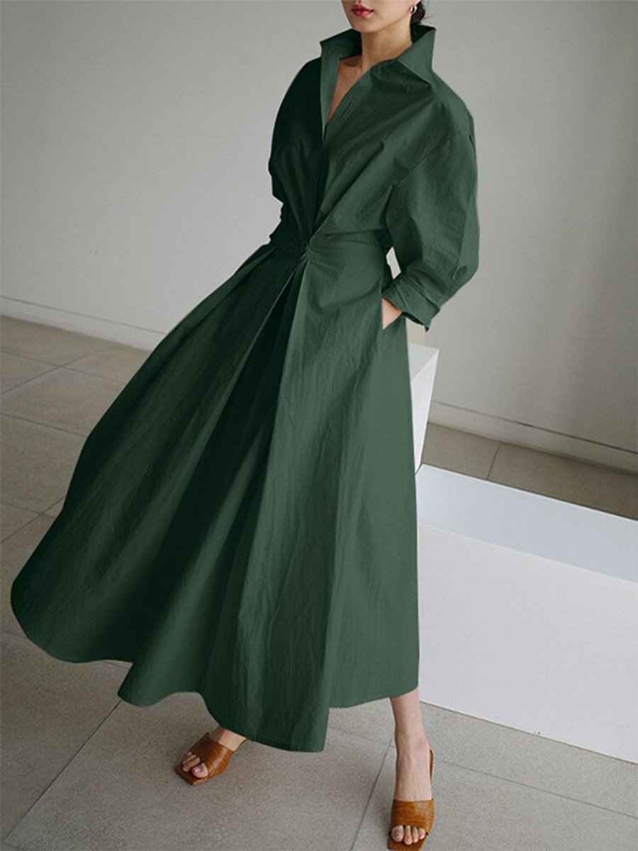 Women's Elegant A-Line Long-Sleeve Button-Front Maxi Dress