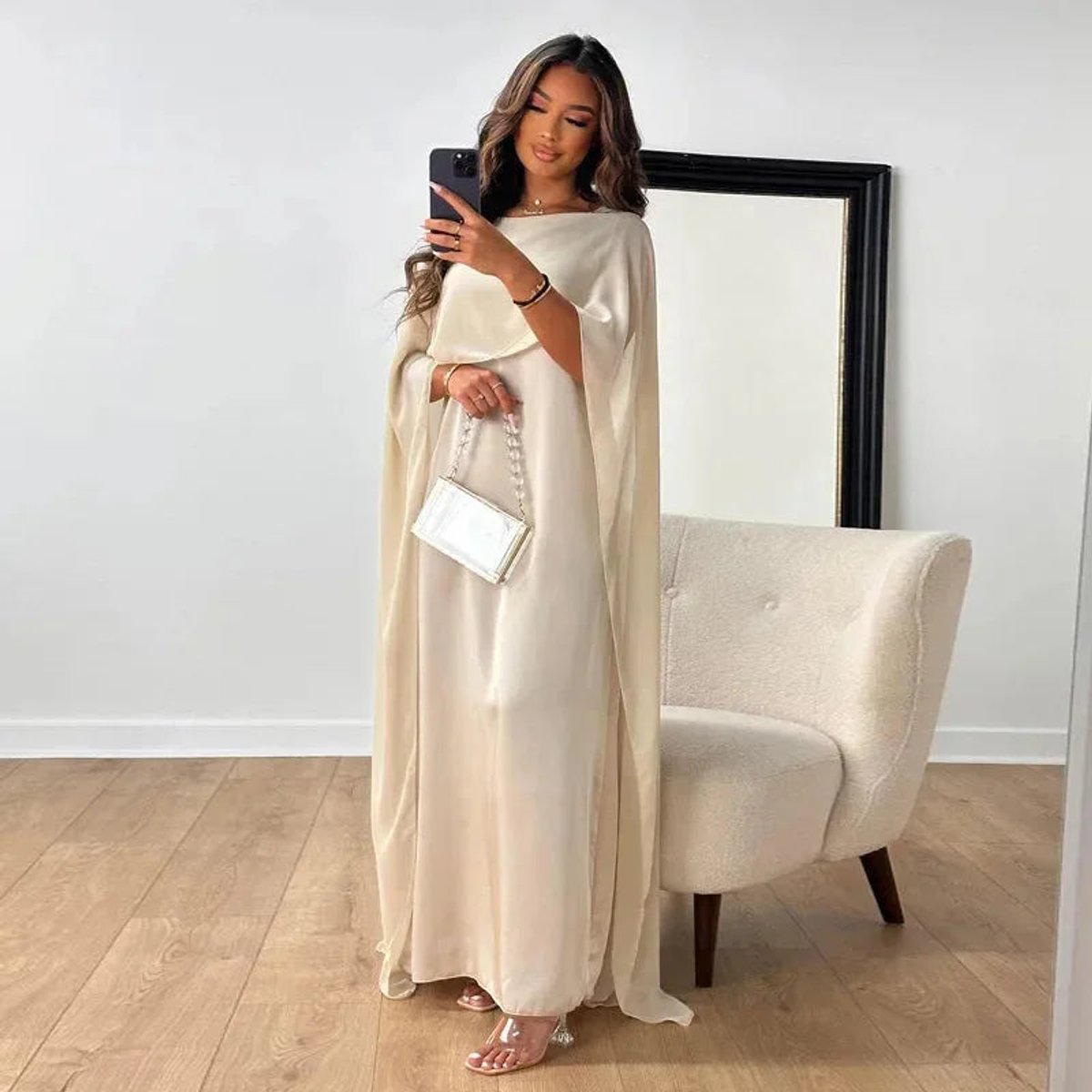 Women's Elegant Cape Sleeve Maxi Wedding Guest Dress - White