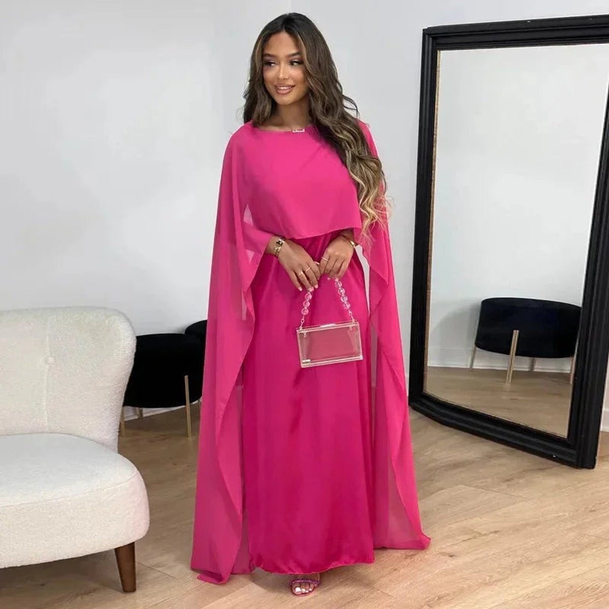 Women's Elegant Cape Sleeve Maxi Wedding Guest Dress - Pink