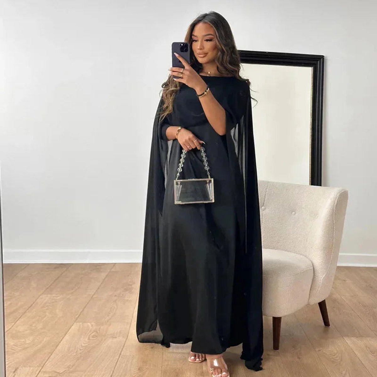 Women's Elegant Cape Sleeve Maxi Wedding Guest Dress - Black