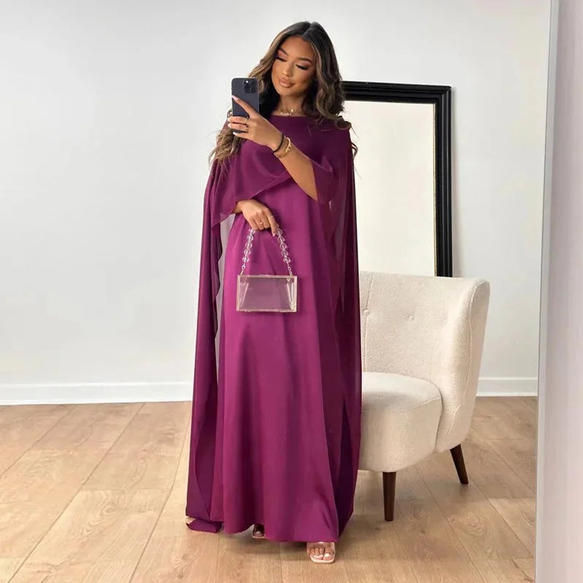 Women's Elegant Cape Sleeve Maxi Wedding Guest Dress - Purple