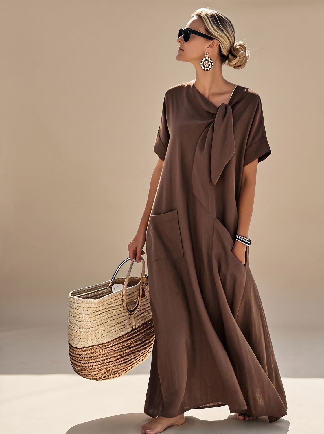 Women's Elegant Flowy Maxi Dress Neck Tie Short Sleeve Pockets - Brown