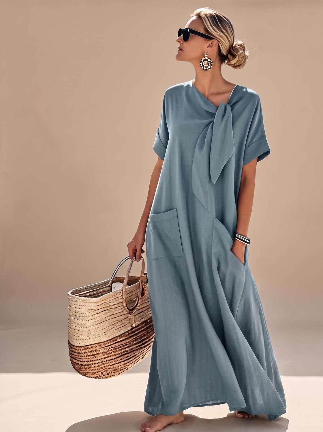 Women's Elegant Flowy Maxi Dress Neck Tie Short Sleeve Pockets - Blue