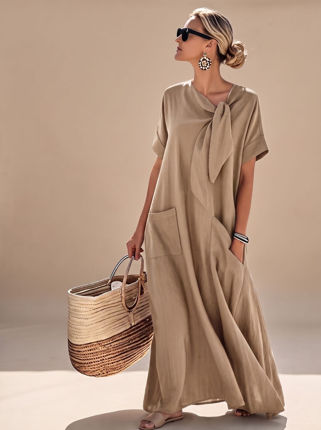 Women's Elegant Flowy Maxi Dress Neck Tie Short Sleeve Pockets - Khaki