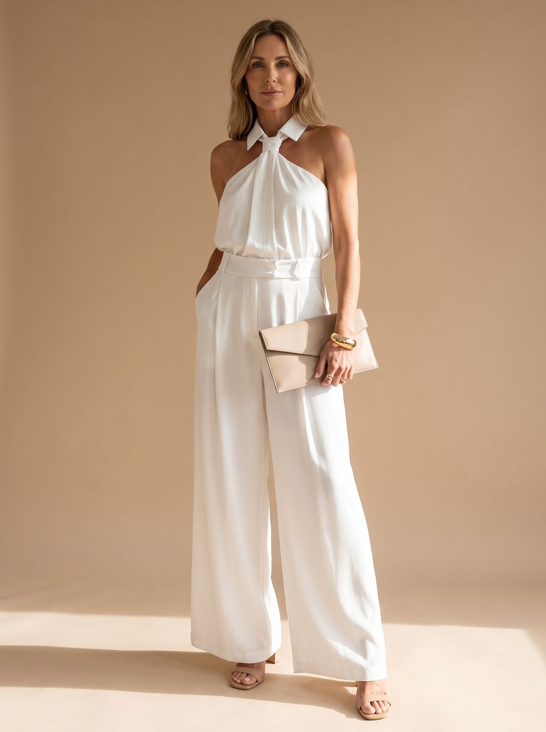 Women's Elegant Halter-Neck Wide-Leg Formal Jumpsuit - White