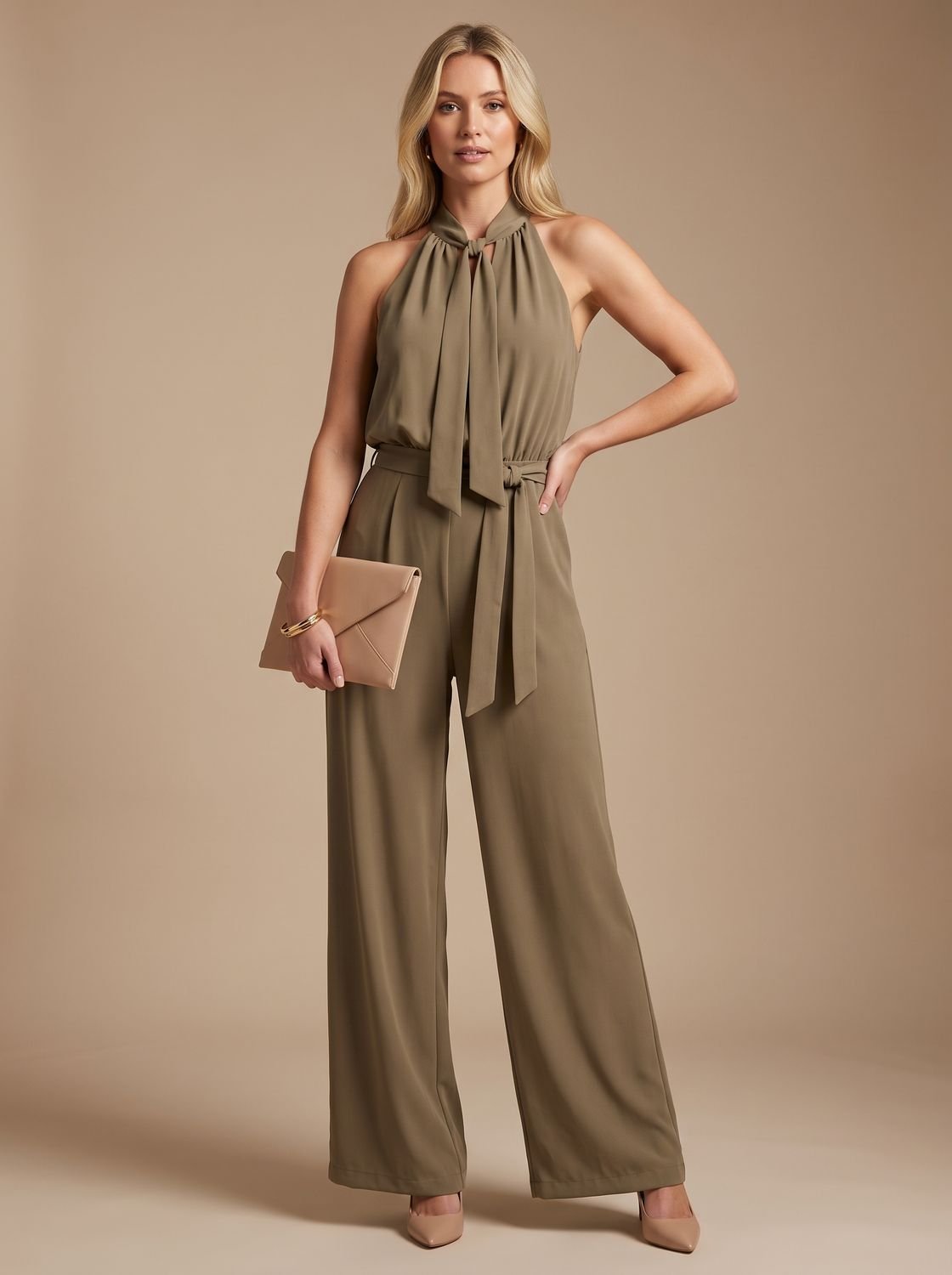 Women's Elegant Halter-Neck Wide-Leg Formal Jumpsuit - Brown