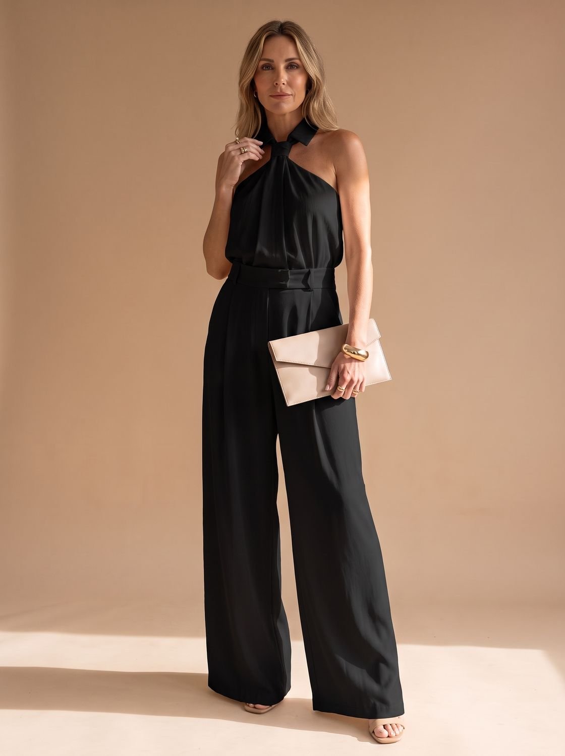 Women's Elegant Halter-Neck Wide-Leg Formal Jumpsuit - Black