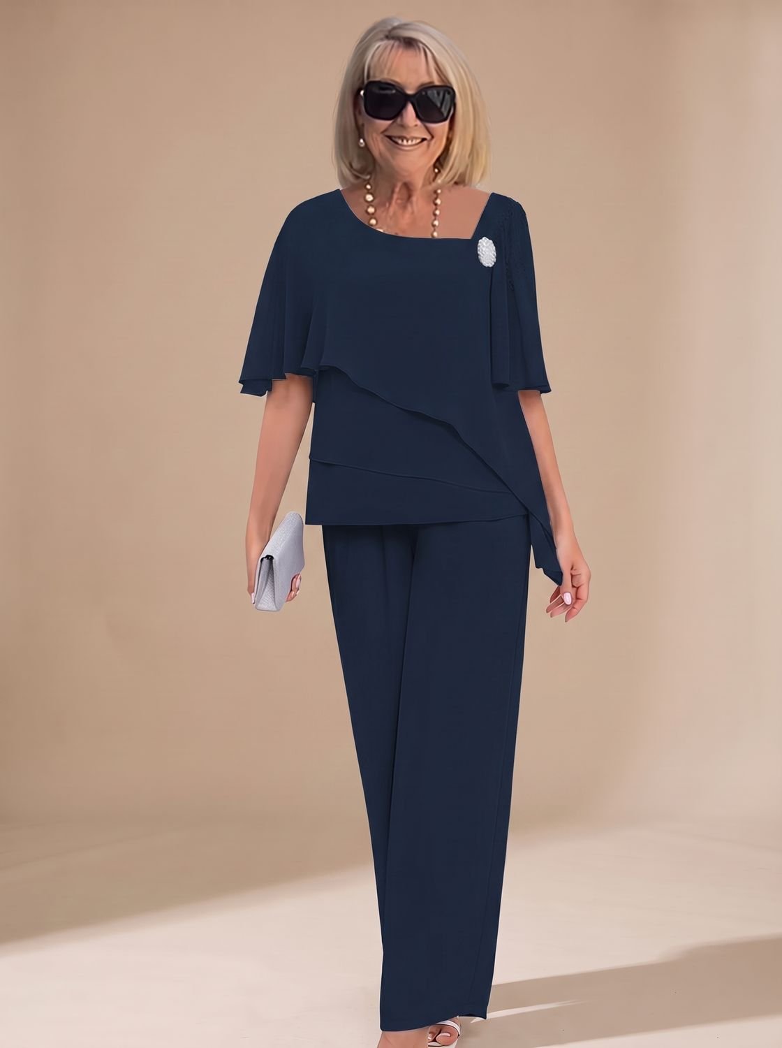 Women's Elegant Layered Chiffon Two-Piece Pants Set - Navy Blue