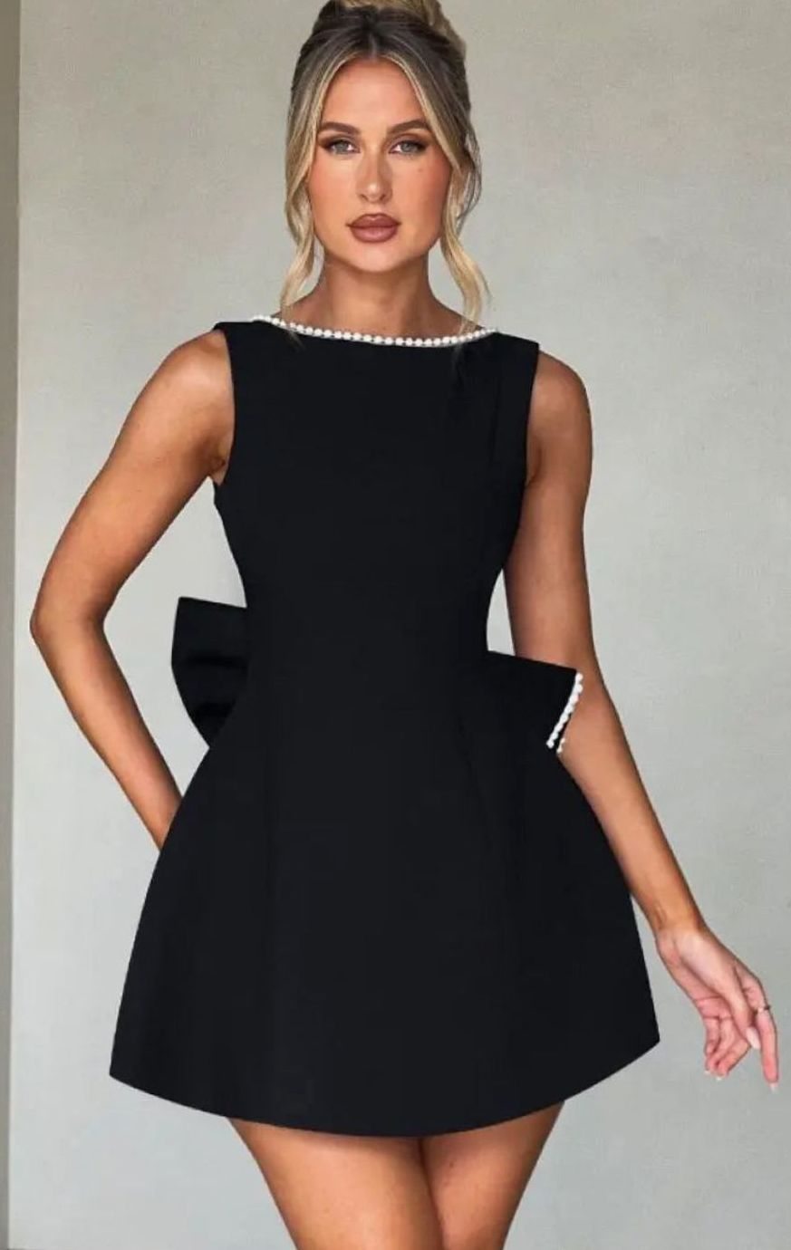 Women's Elegant Pearl-Trim Bow-Detail Formal Mini Dress - Black