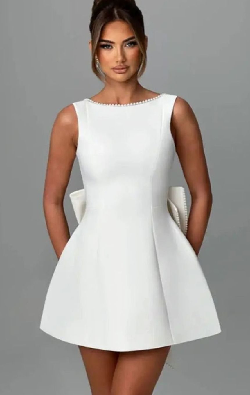 Women's Elegant Pearl-Trim Bow-Detail Formal Mini Dress - White