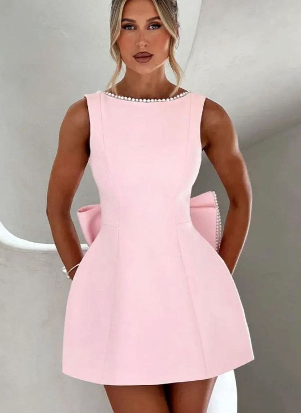 Women's Elegant Pearl-Trim Bow-Detail Formal Mini Dress - Pink