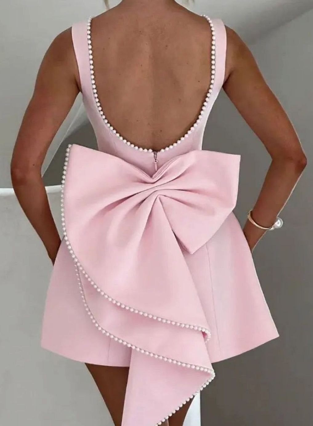 Women's Elegant Pearl-Trim Bow-Detail Formal Mini Dress