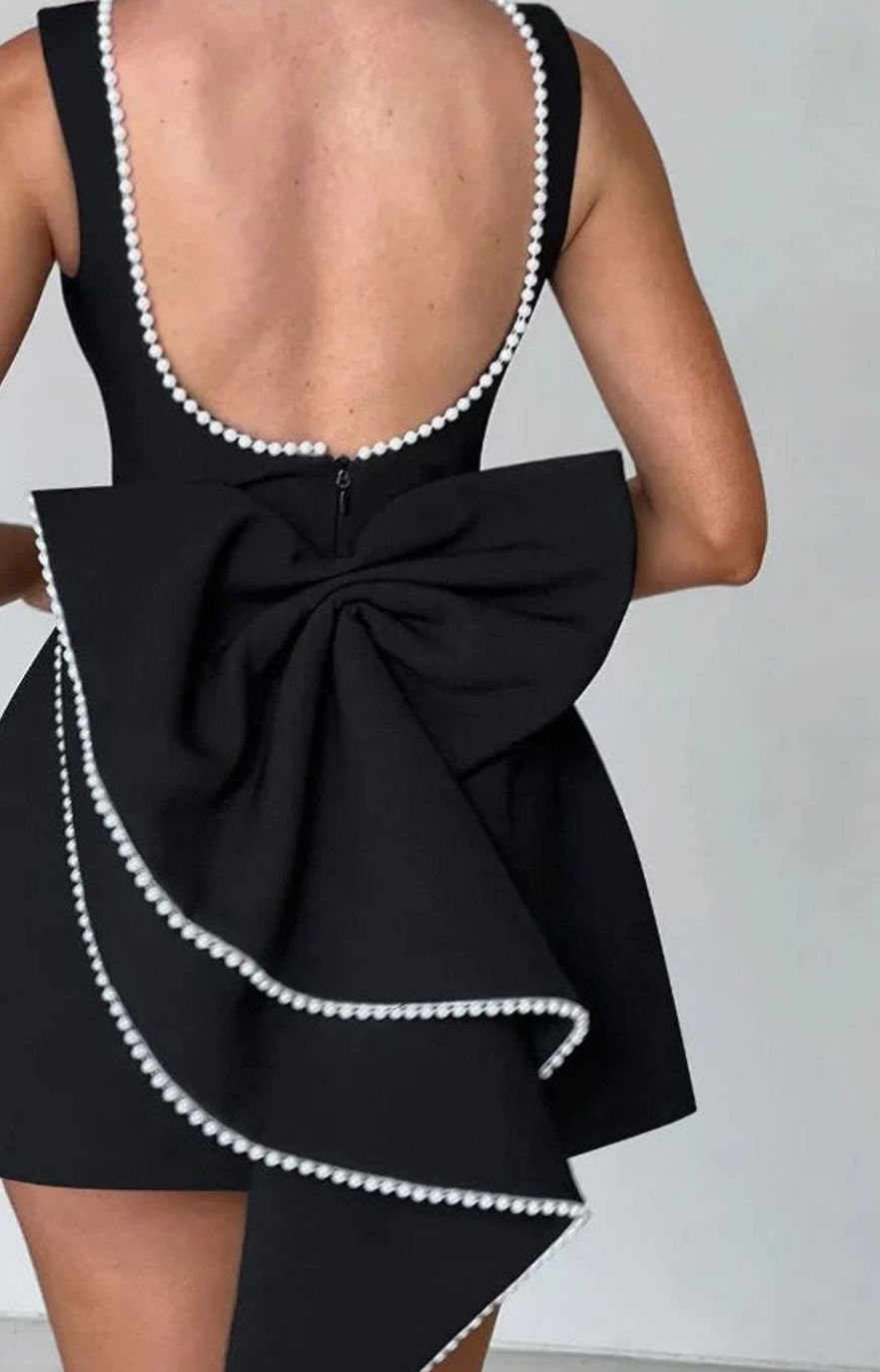 Women's Elegant Pearl-Trim Bow-Detail Formal Mini Dress
