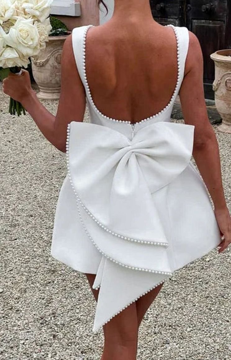 Women's Elegant Pearl-Trim Bow-Detail Formal Mini Dress