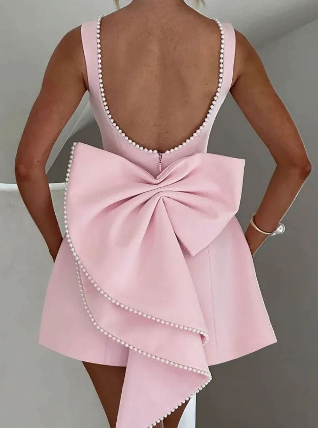 Women's Elegant Pearl-Trim Bow-Detail Formal Mini Dress