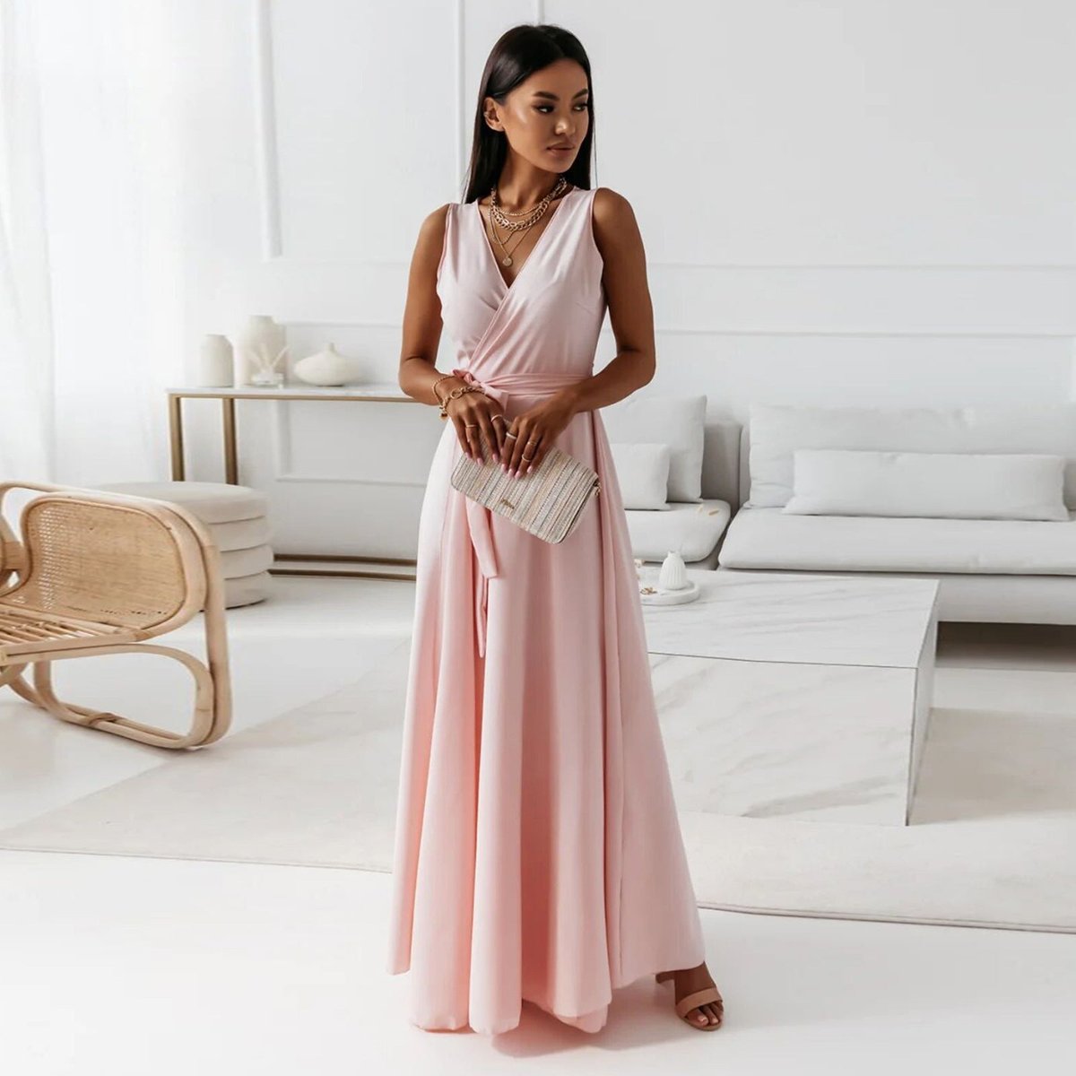 Women's Elegant Sleeveless Wrap Wedding Guest Dress Flowing Maxi - Pale Pink